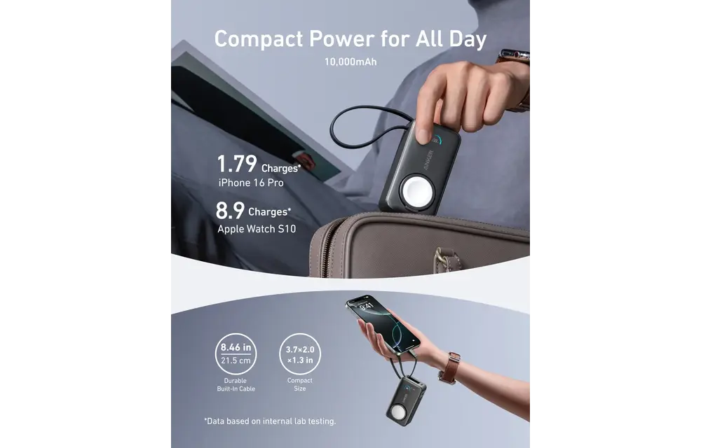 Anker MagGo Power Bank 10K, 35W, with Built-In Apple Watch Charger and USB-C Cable 10,000mAh - Black