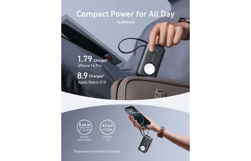 Anker MagGo Power Bank 10K, 35W, with Built-In Apple Watch Charger and USB-C Cable 10,000mAh - Black