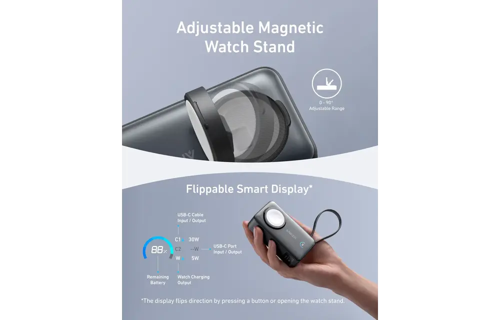 Anker MagGo Power Bank 10K, 35W, with Built-In Apple Watch Charger and USB-C Cable 10,000mAh - Black