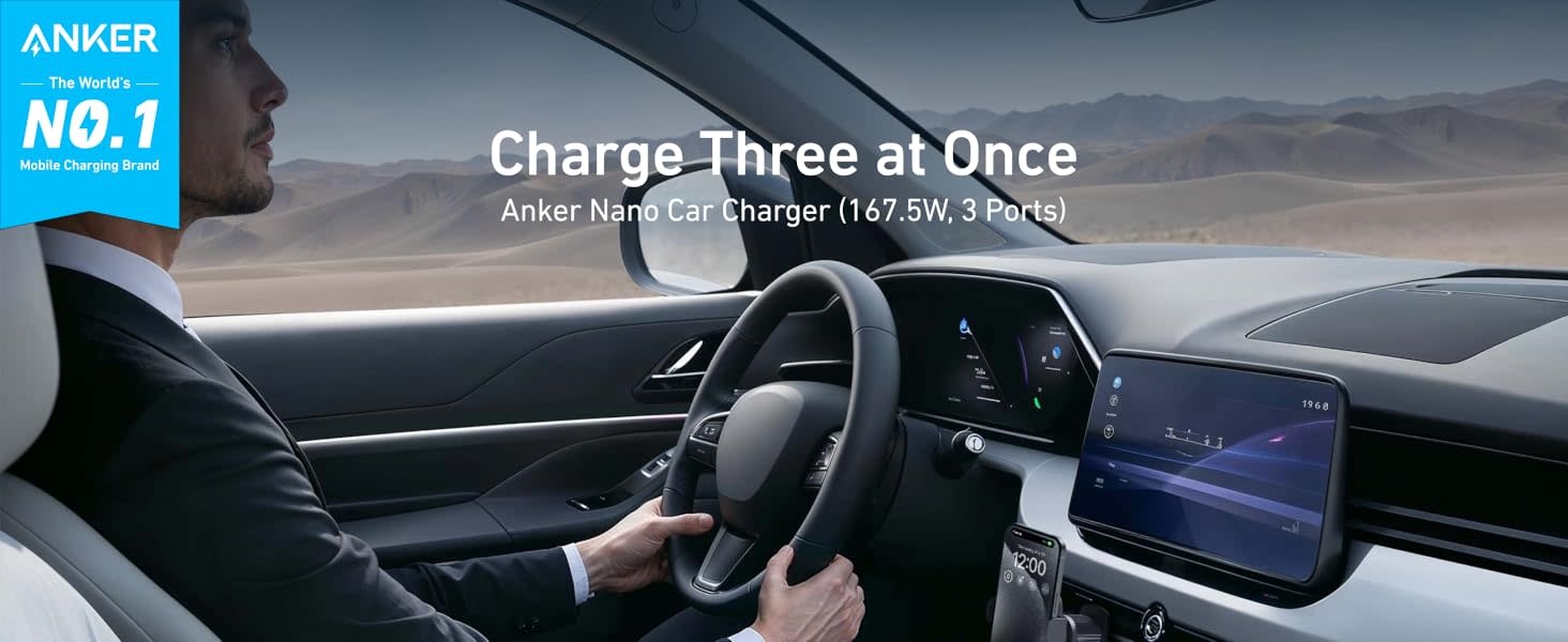 Anker Nano Car Charger 3 Ports 167.5W with USB-C Cable 3.3ft/1m