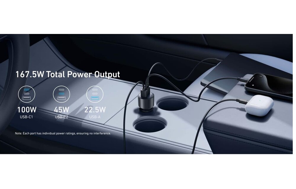 Anker Nano Car Charger 3 Ports 167.5W with USB-C Cable 3.3ft/1m