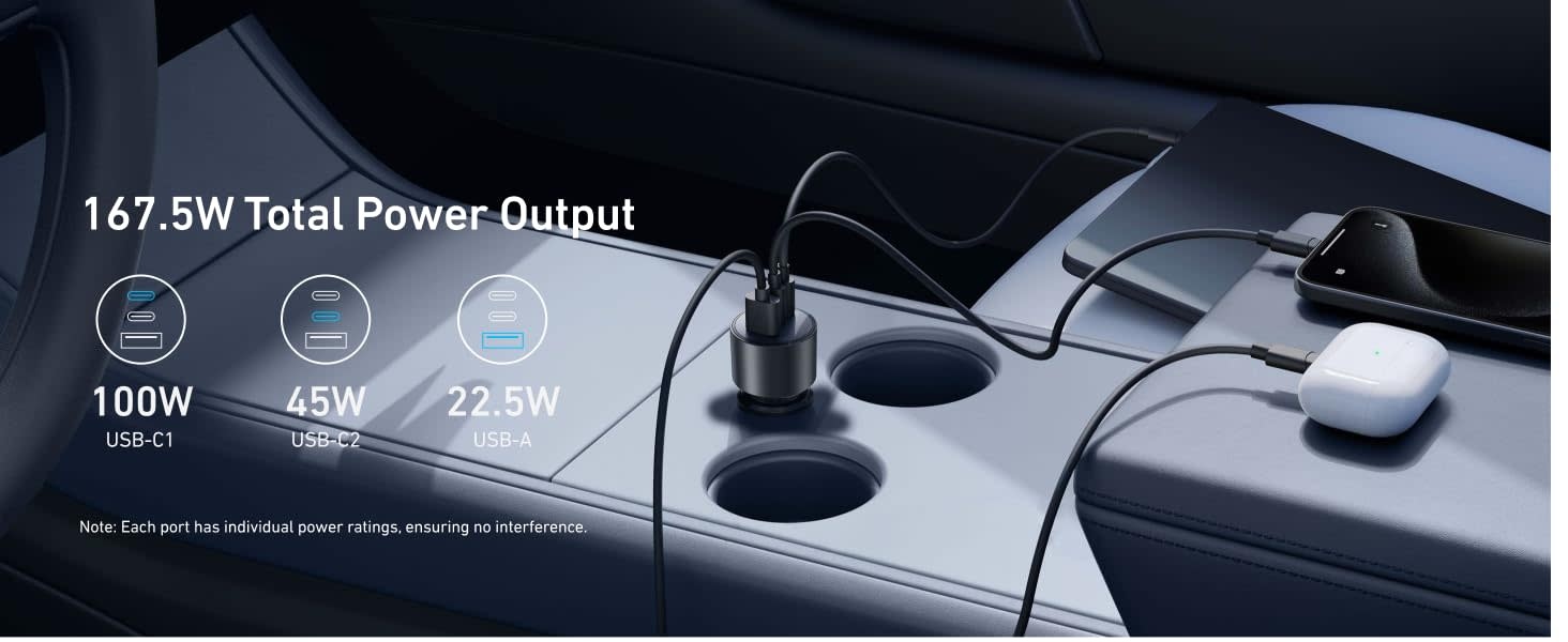 Anker Nano Car Charger 3 Ports 167.5W with USB-C Cable 3.3ft/1m