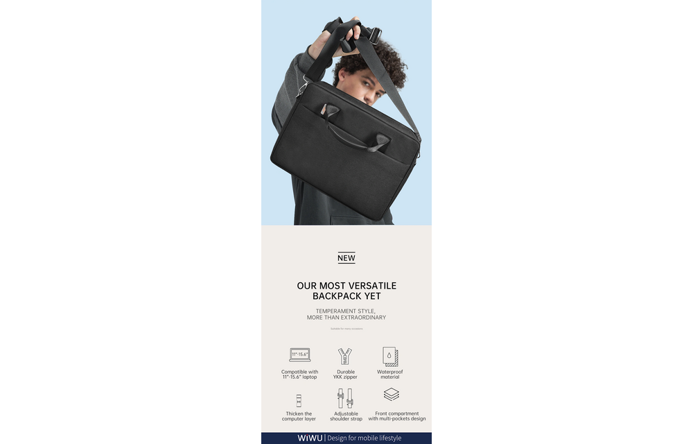 WiWU Minimalist Water-Resistant with Shoulder Strap Carry Bag for Laptop and MacBook 15"/16" - Black