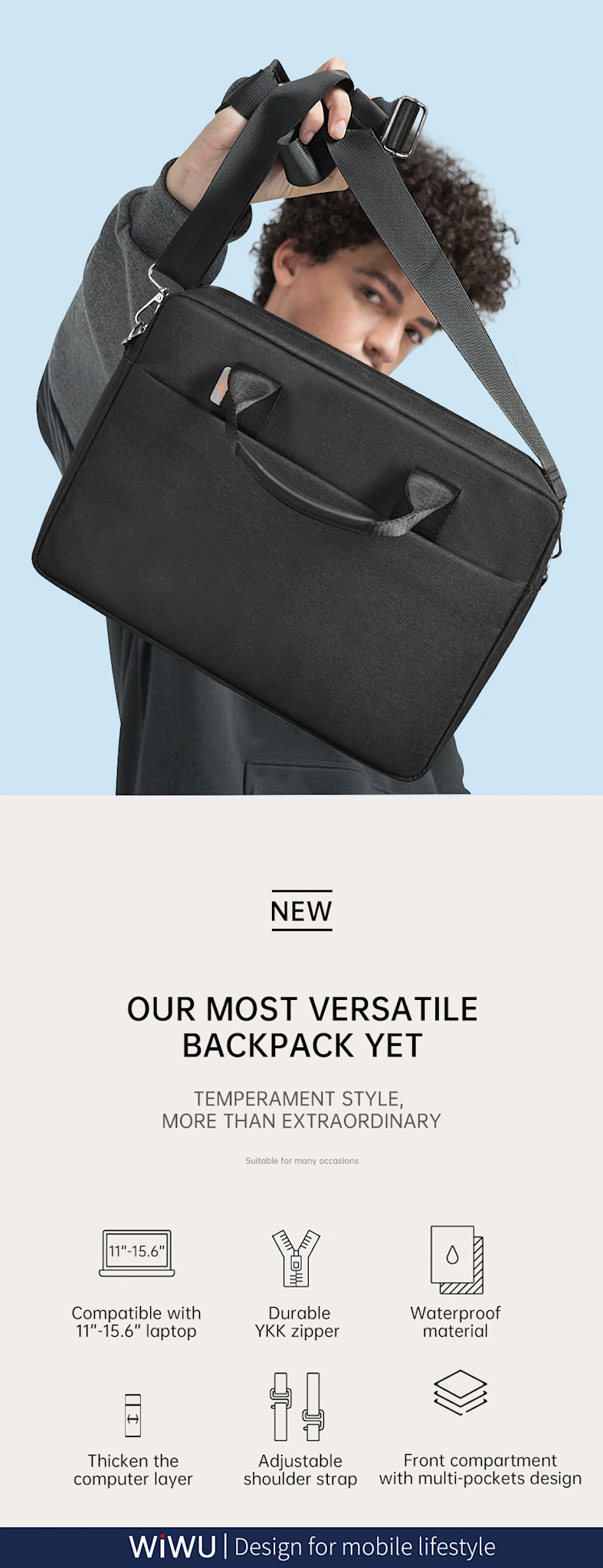 WiWU Minimalist Water-Resistant with Shoulder Strap Carry Bag for Laptop and MacBook 15"/16" - Black