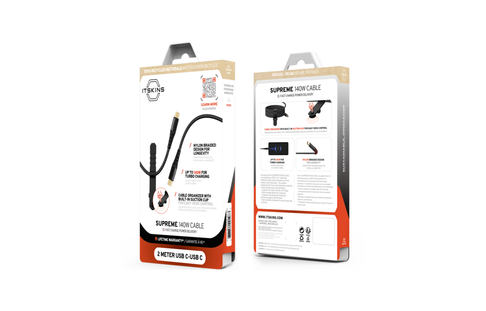 ITSKINS Supreme 140W Cable USB-C to USB-C With Cable Organizer 2m - Black