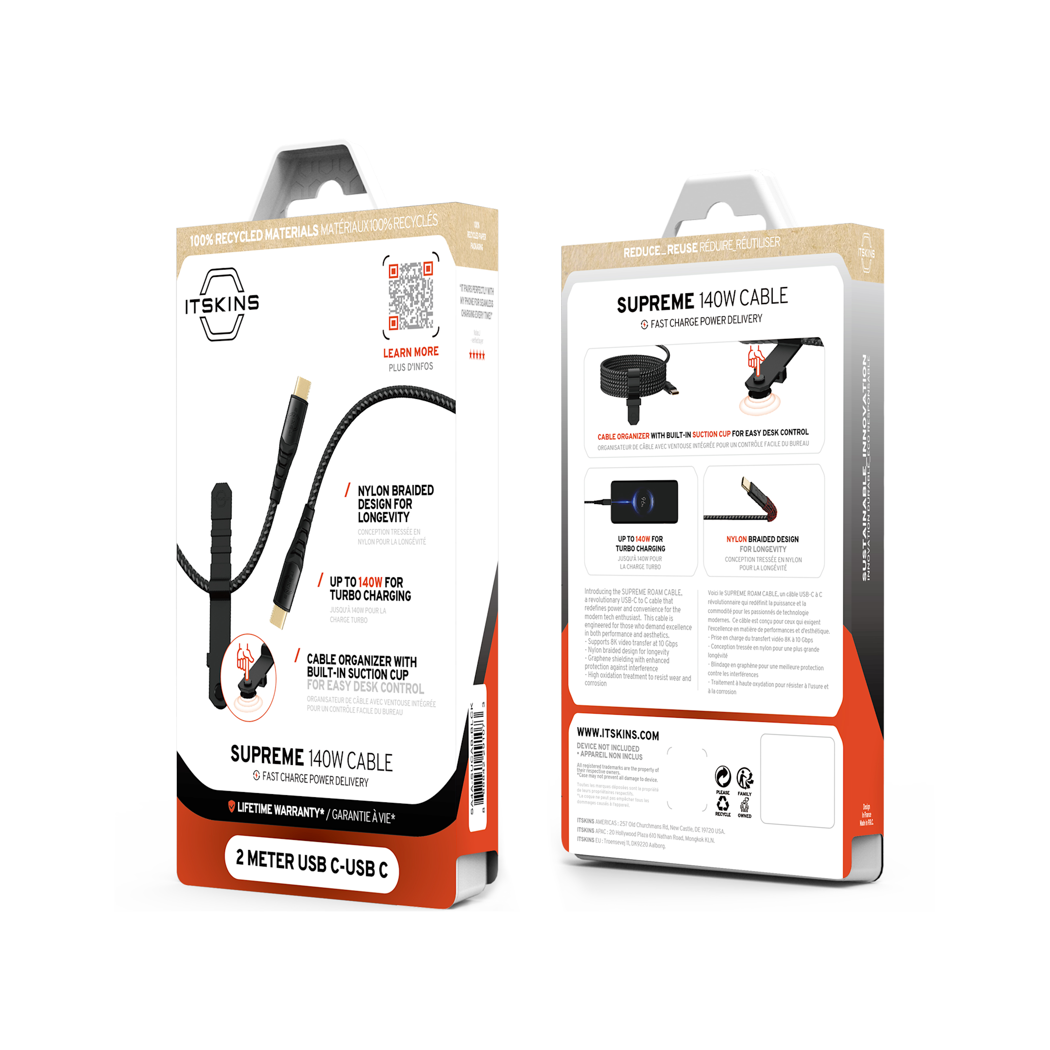 ITSKINS Supreme 140W Cable USB-C to USB-C With Cable Organizer 2m - Black