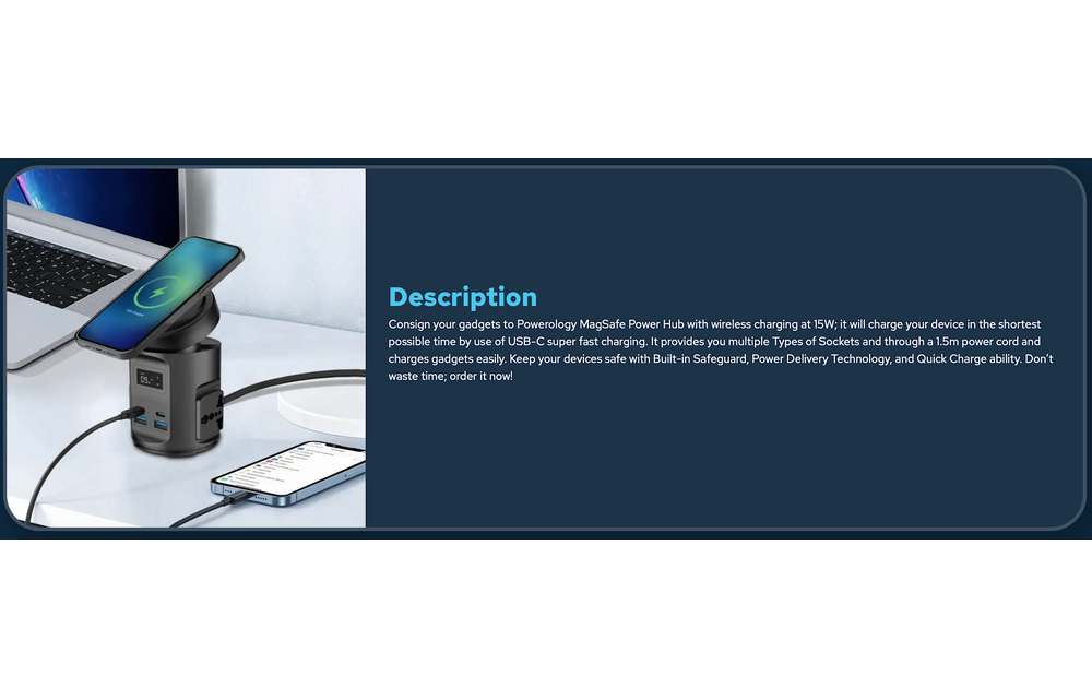 Powerology MagSafe Power Hub USB-C POWER DELIVERY AND USB-A QC 3.0 - Black