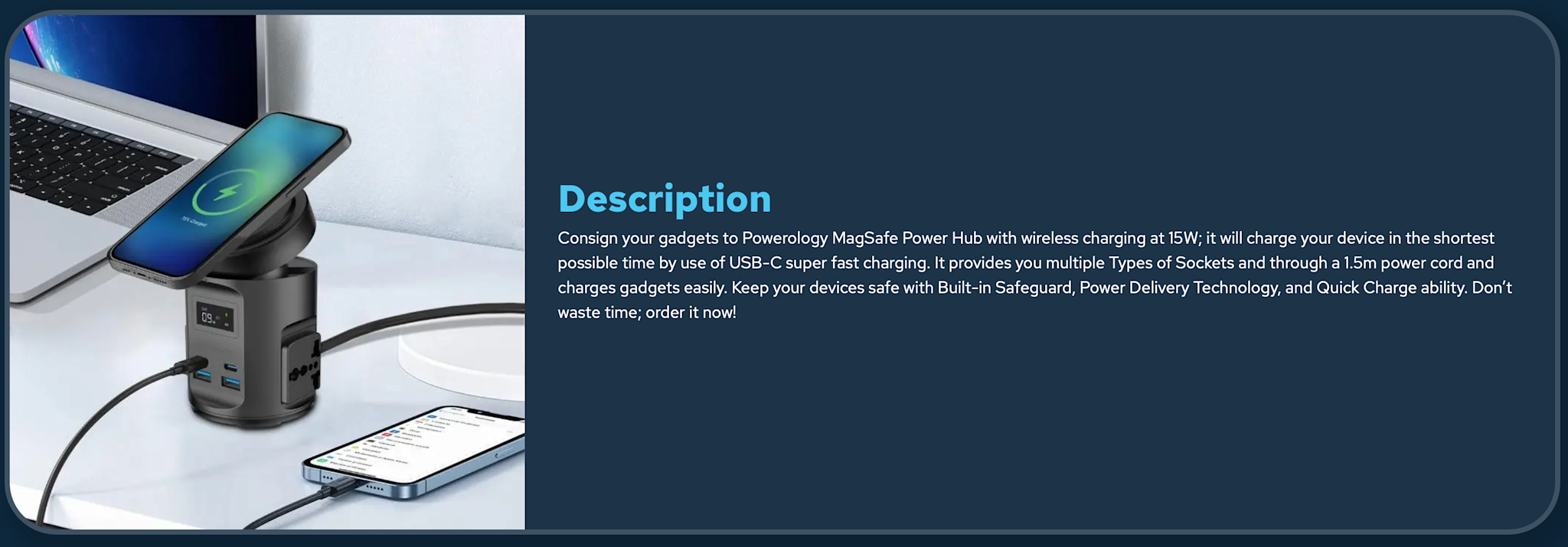 Powerology MagSafe Power Hub USB-C POWER DELIVERY AND USB-A QC 3.0 - Black