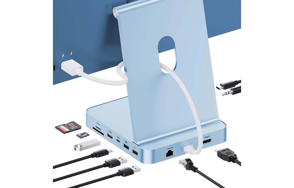 PULWTOP USB-C Hub 11-in-1 Docking Station For Apple iMac 24" M1/M3/M4 Ethernet Port 4K HDMI Support M.2 SSD - Blue