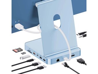 PULWTOP USB-C Hub 11-in-1 Docking Station For Apple iMac 24" M1/M3/M4 Ethernet Port 4K HDMI Support M.2 SSD - Blue