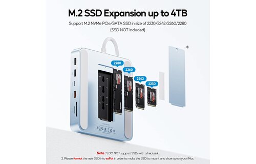 PULWTOP USB-C Hub 11-in-1 Docking Station For Apple iMac 24" M1/M3/M4 Ethernet Port 4K HDMI Support M.2 SSD - Blue