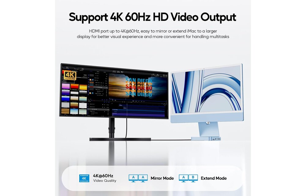 PULWTOP USB-C Hub 11-in-1 Docking Station For Apple iMac 24" M1/M3/M4 Ethernet Port 4K HDMI Support M.2 SSD - Blue