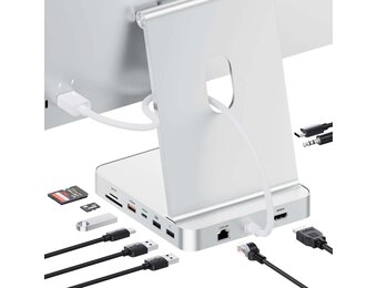 PULWTOP USB-C Hub 11-in-1 Docking Station For Apple iMac 24" M1/M3/M4 Ethernet Port 4K HDMI Support M.2 SSD - Silver