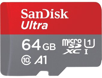 SanDisk Ultra microSDXC, 64GB, U1, C10, A1, UHS-1, 100MB/s R, 4x6, 10Y