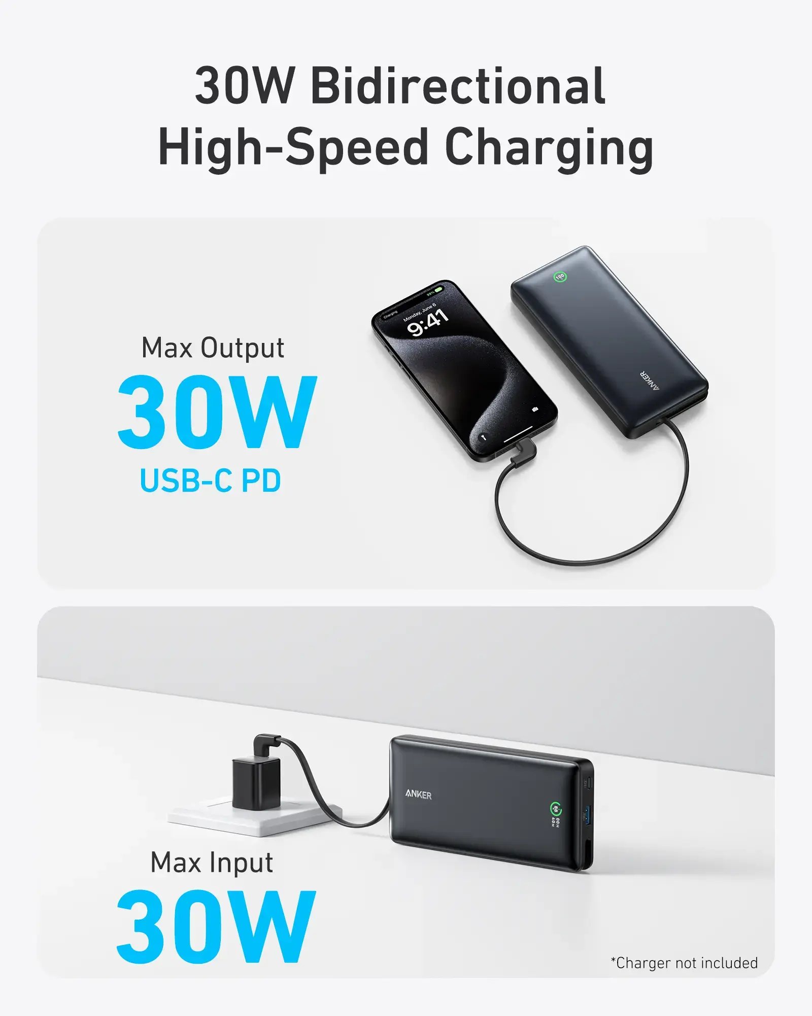 Anker Nano Power Bank 20000mah 30W Built-In USB-C Cable - Black