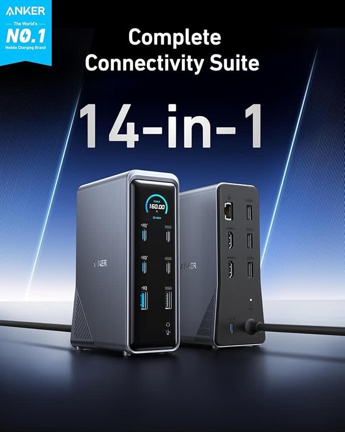 Anker Prime Charging Docking Station, 14 in 1, Dual Display, 160W - Black