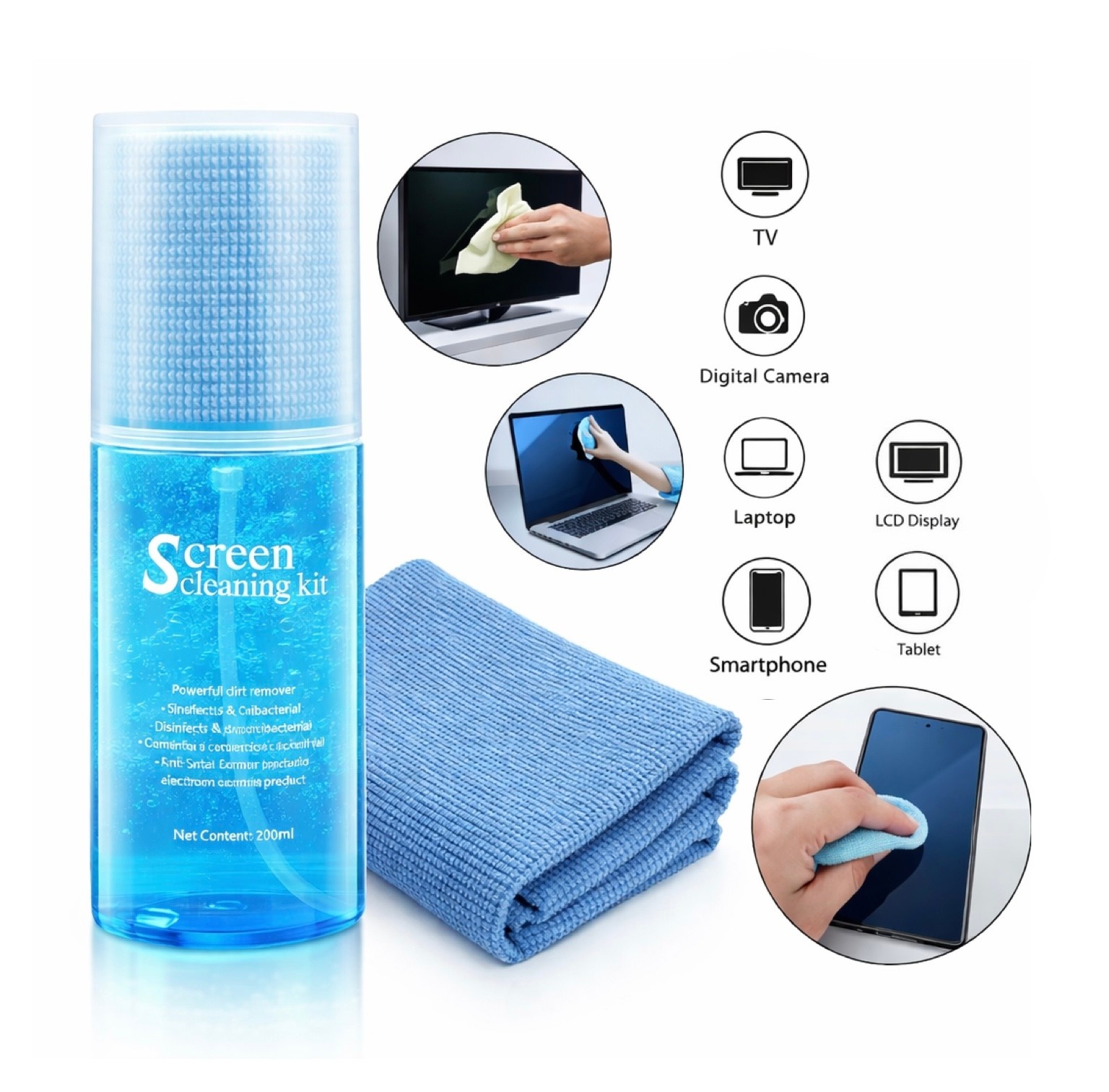 Screen Cleaning Kit, Anti-drip Formula, Anti-static Cleaner Spray for Mobile, Laptop, Monitors , TV 200ml