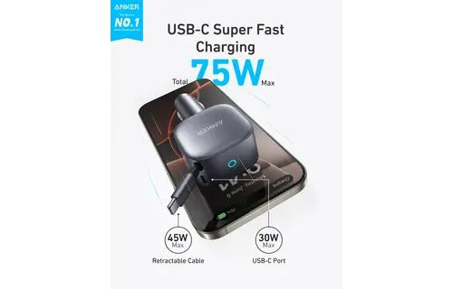 Anker Nano Car Charger 75W with USB-C Cable - Black
