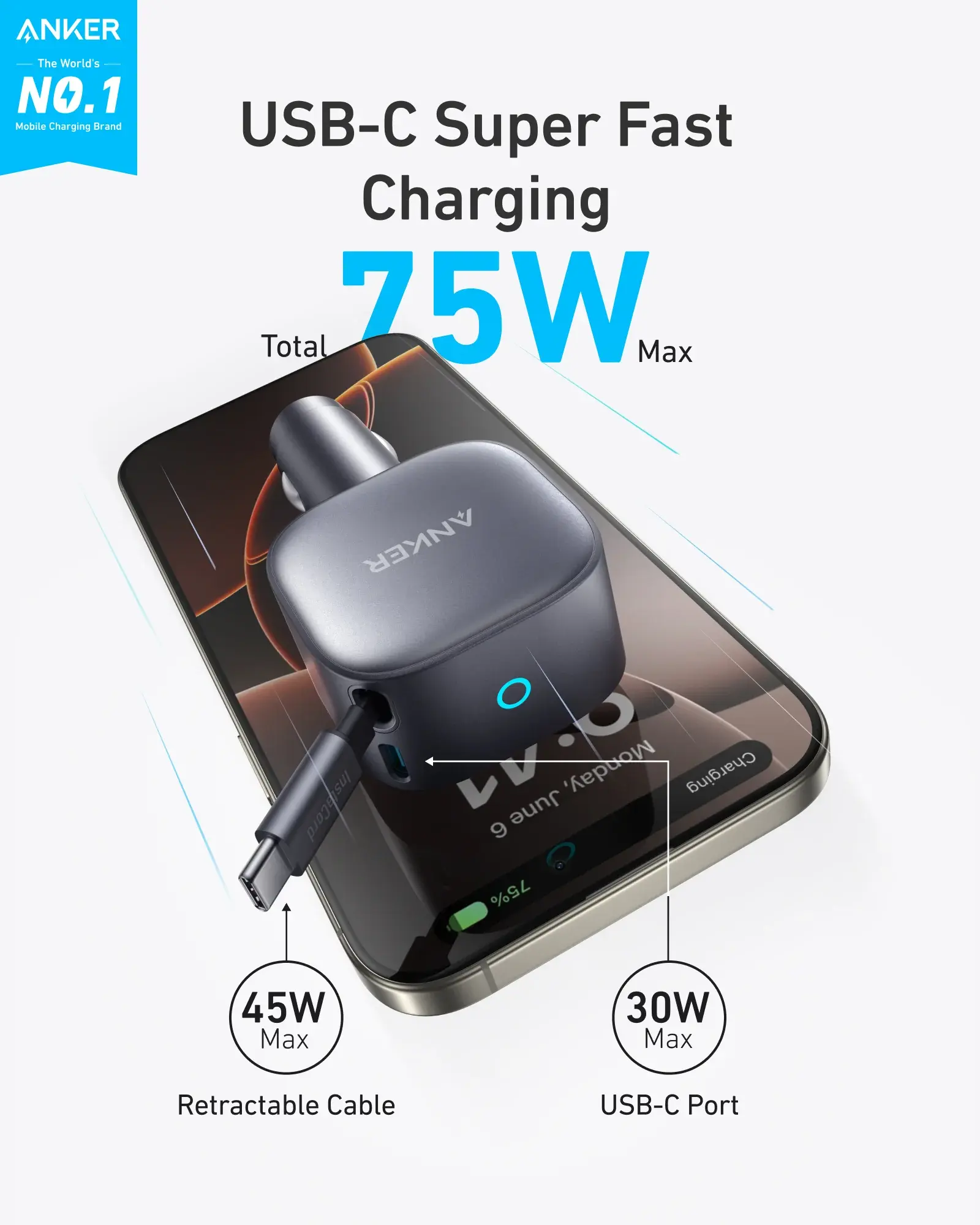 Anker Nano Car Charger 75W with USB-C Cable - Black