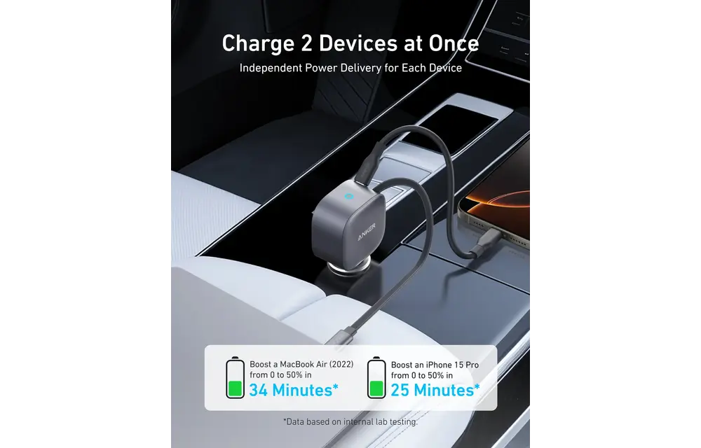 Anker Nano Car Charger 75W with USB-C Cable - Black