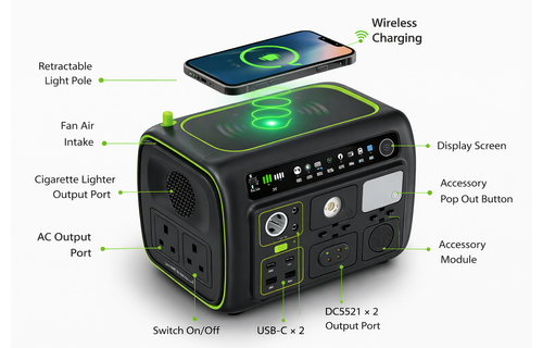 Goui Beast Smart Portable Power Station 800W  AC/DC Output 2xTYP-C 2xUSB with Wireless Charge and Led flash light - Black