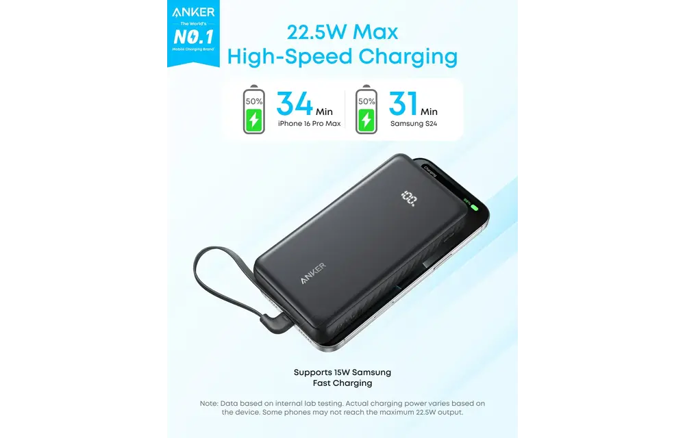 Anker Zolo Powerbank 20K 22.5W Fast Charging  with Built-in USB-C Cable 20'000mAh  - Black