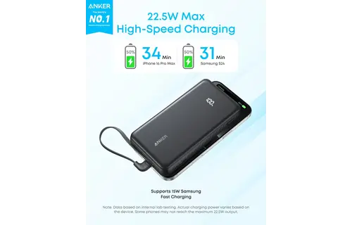 Anker Zolo Powerbank 20K 22.5W Fast Charging  with Built-in USB-C Cable 20'000mAh  - Black