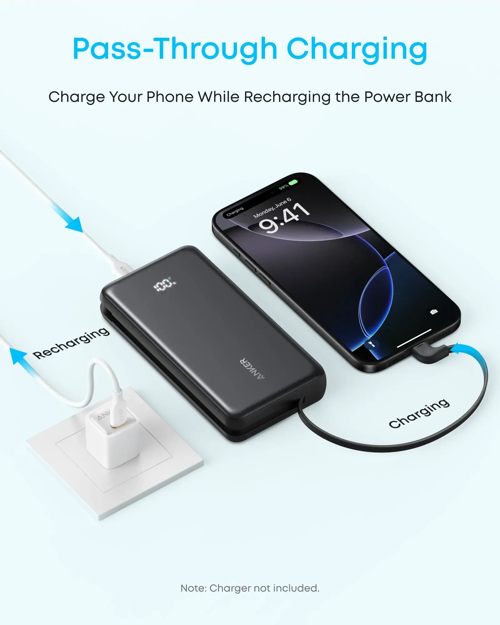 Anker Zolo Powerbank 20K 22.5W Fast Charging  with Built-in USB-C Cable 20'000mAh  - White