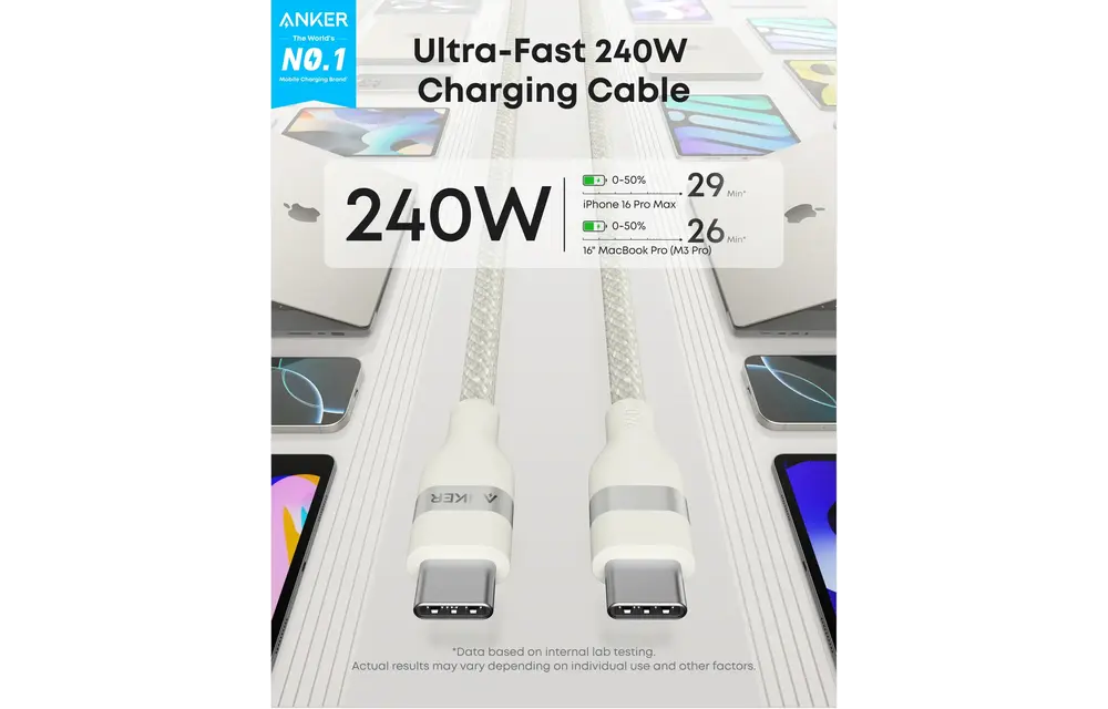 Anker USB-C to USB-C Cable 240W Upcycled Braided 6ft/1.8m - White