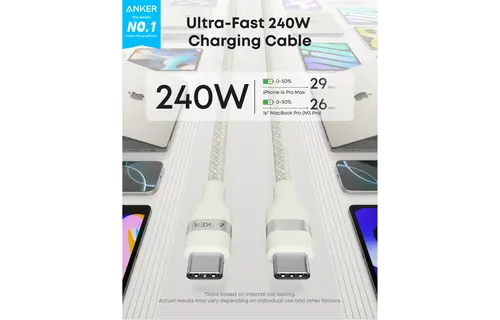 Anker USB-C to USB-C Cable 240W Upcycled Braided 6ft/1.8m - White