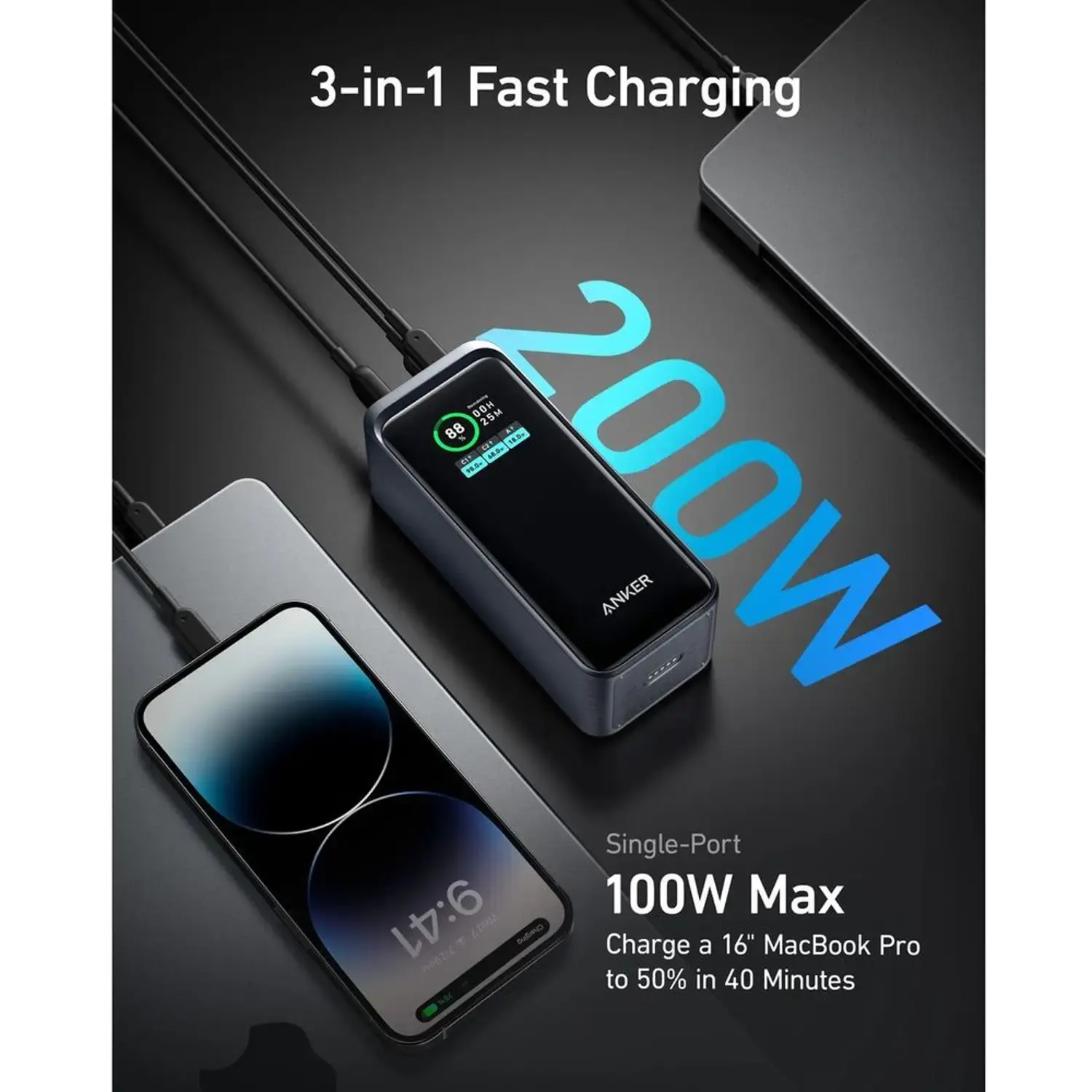 Anker Prime Multi Device Fast Charging Power Bank 3-Port 20,000mAh 200W - Black
