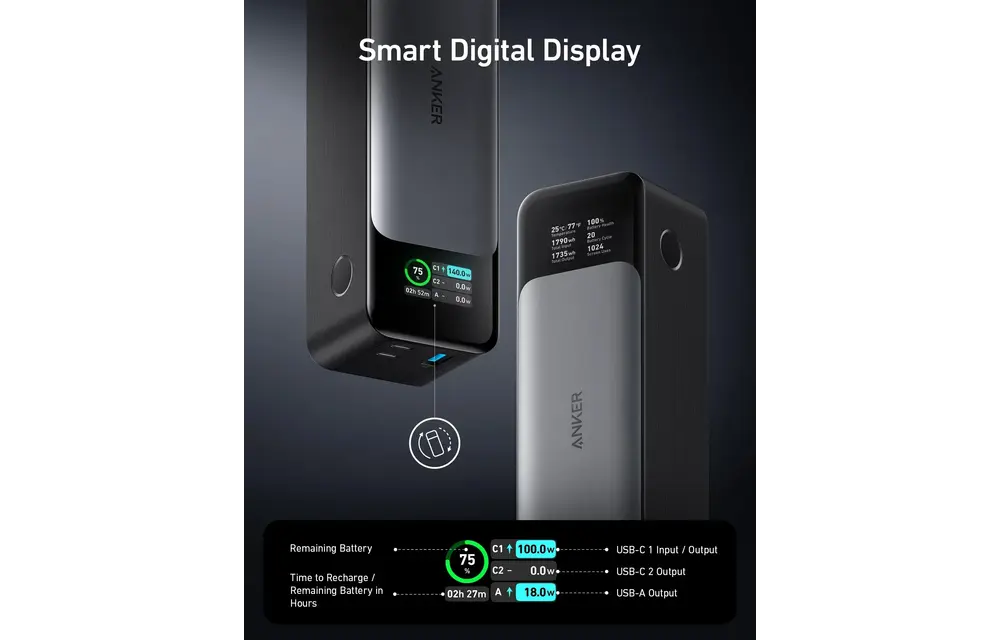 Anker 737 Laptop Power Bank PowerCore 24K, 140W 2x-USB-C 1x-USB With Smart Digital Display 24,000mAh - Black