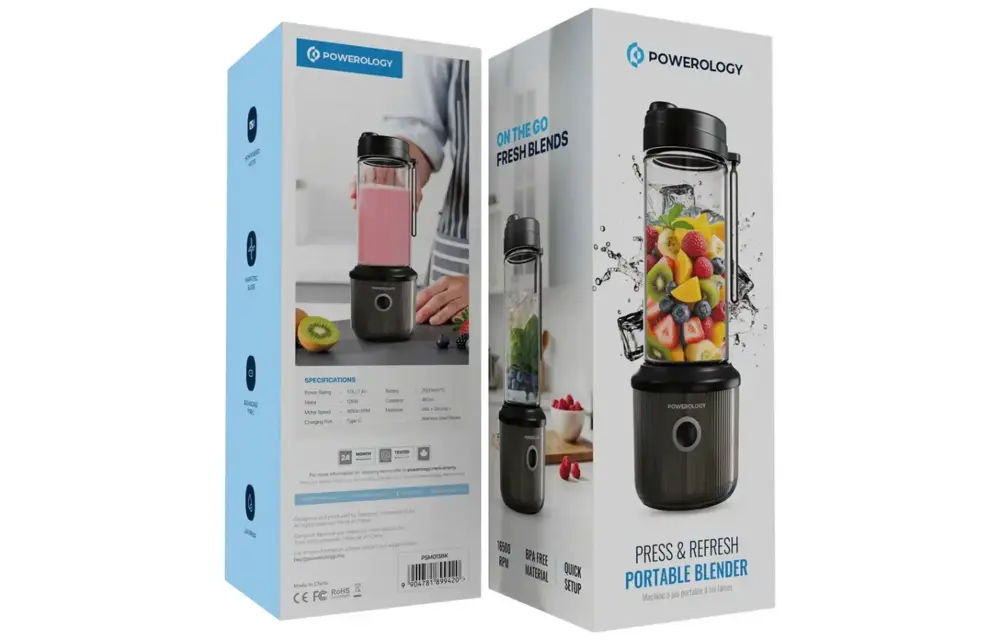 Powerology Press & Refresh Portable Blender 450ml 2500mAh 6 Blades 126W - Black