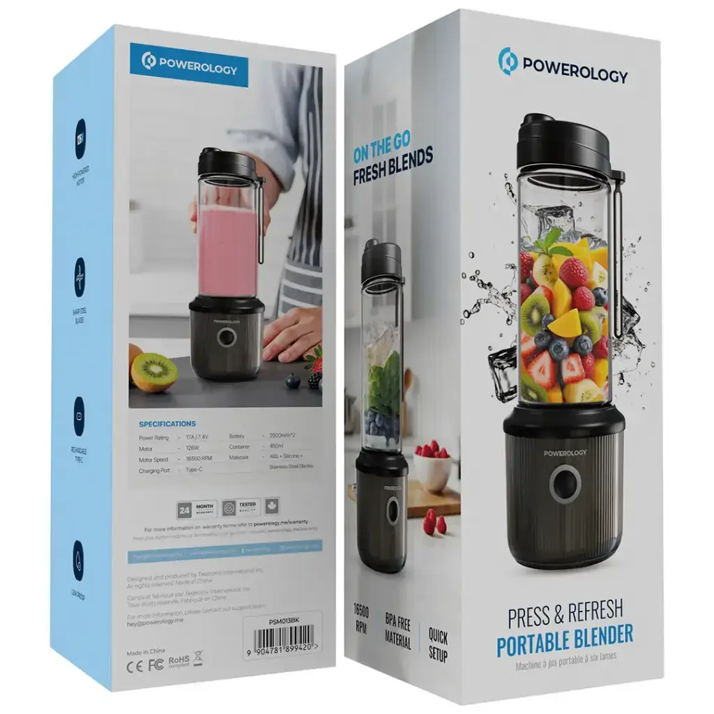 Powerology Press & Refresh Portable Blender 450ml 2500mAh 6 Blades 126W - Black