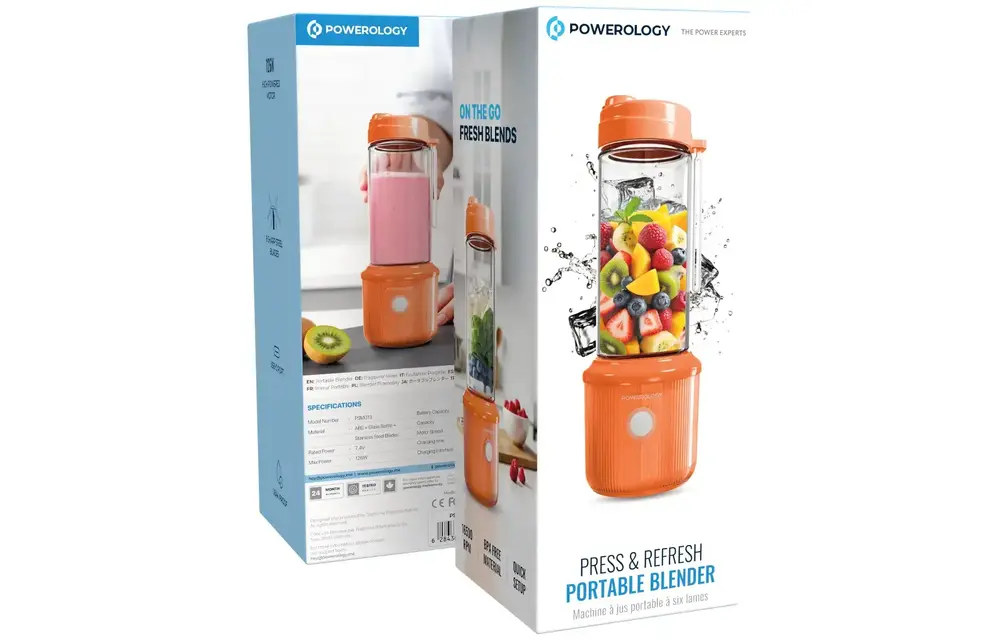Powerology Press & Refresh Portable Blender 450ml 2500mAh 126W With 6 Blades - Orange