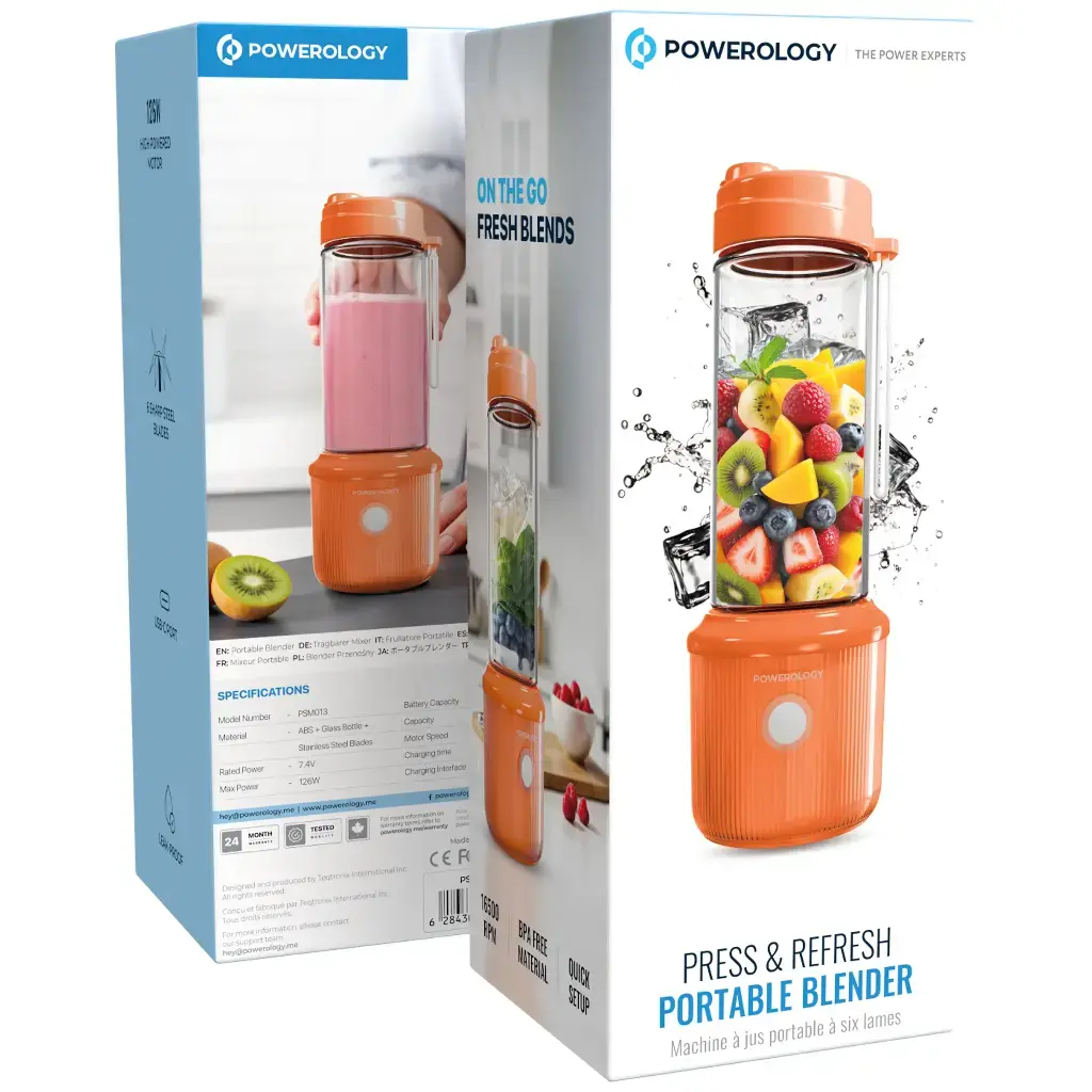 Powerology Press & Refresh Portable Blender 450ml 2500mAh 126W With 6 Blades - Orange