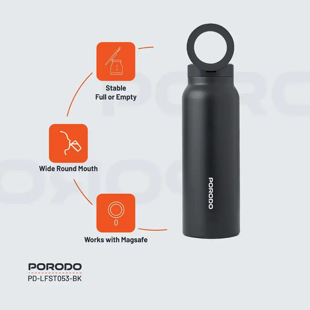 Porodo Lifestyle Magnetic Mount Water Bottle 32oz - Black