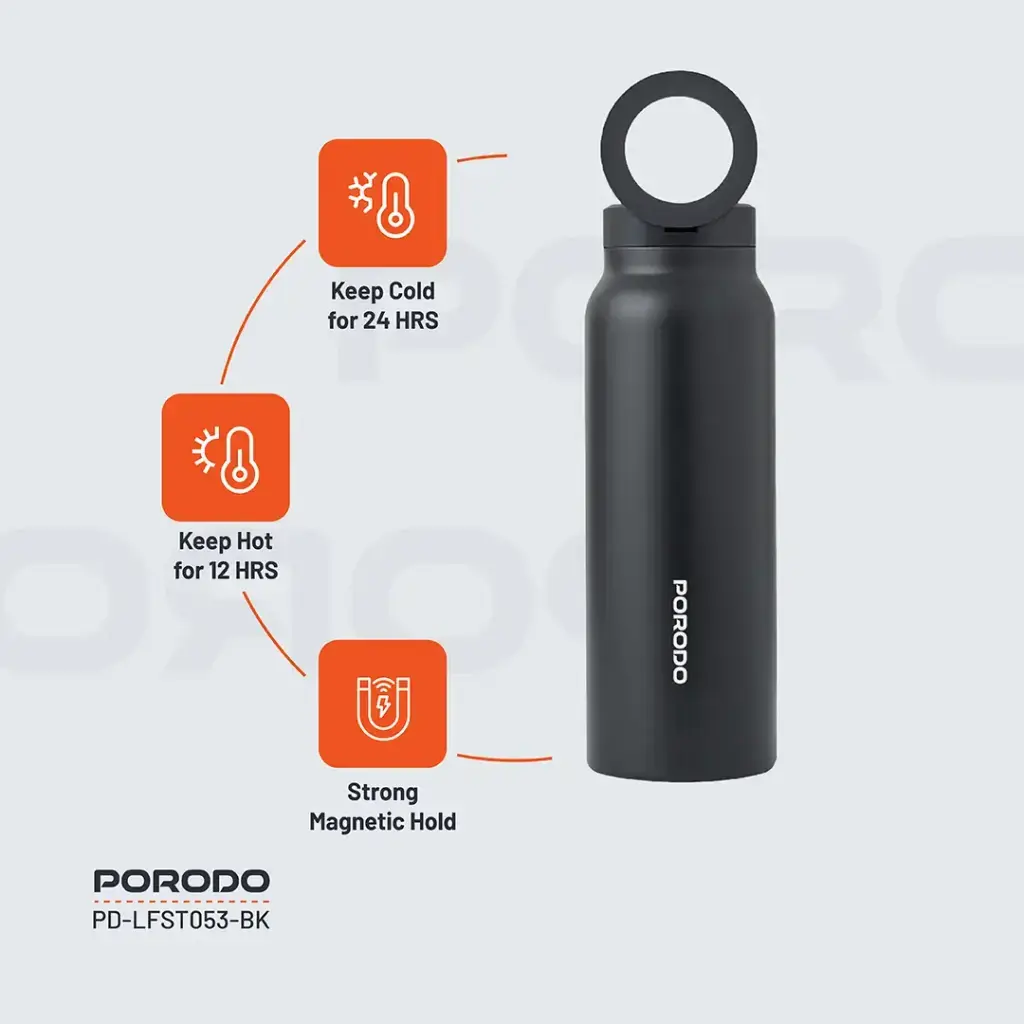 Porodo Lifestyle Magnetic Mount Water Bottle 32oz - Black