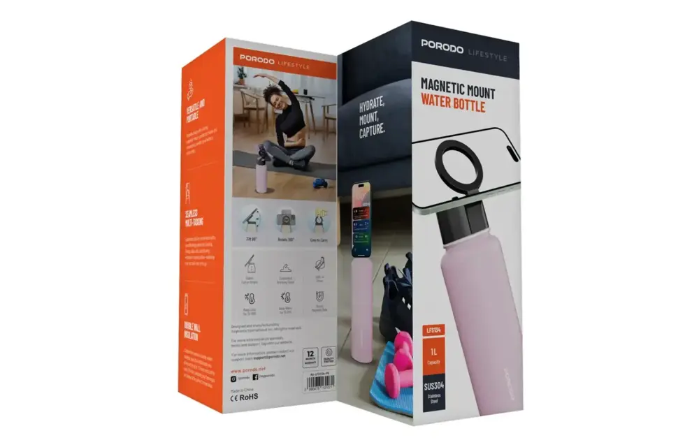 Porodo Lifestyle Magnetic Mount Water Bottle 32oz - Pink