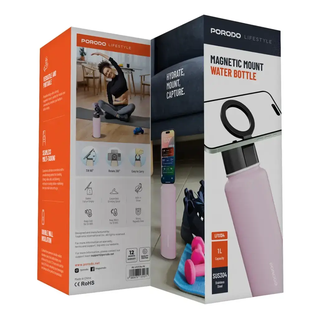 Porodo Lifestyle Magnetic Mount Water Bottle 32oz - Pink