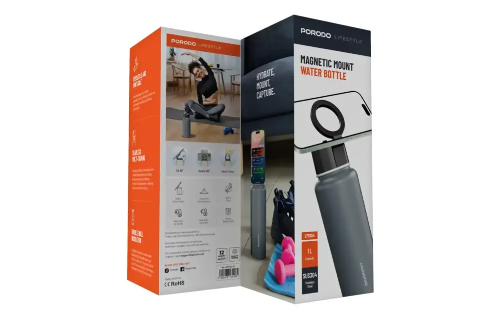 Porodo Lifestyle Magnetic Mount Water Bottle 32oz - Grey