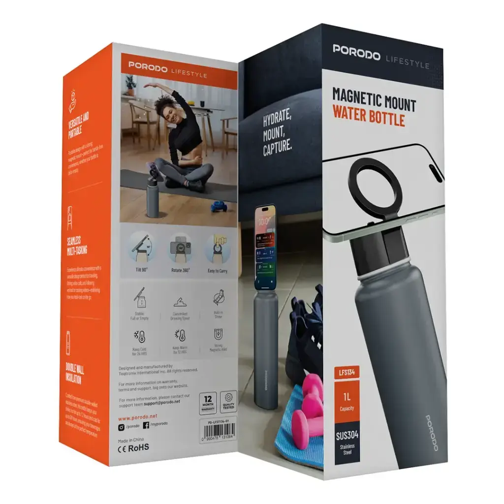 Porodo Lifestyle Magnetic Mount Water Bottle 32oz - Grey