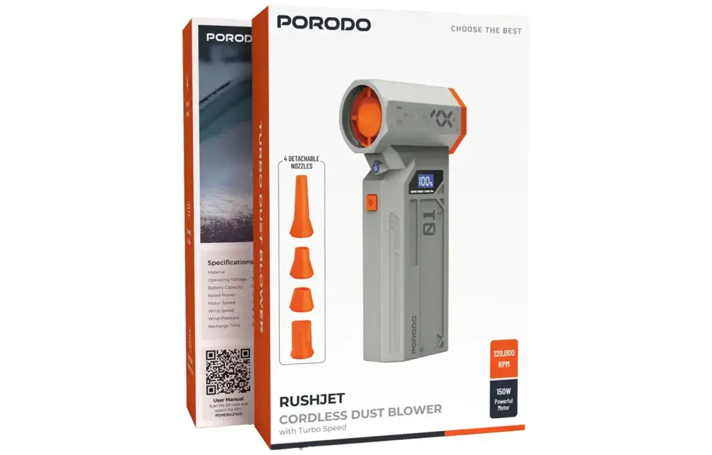 Porodo Rushjet Cordless Turbo Speed Dust Blower 5200 mAh,150W With 120000 RPM - Gold/Orange
