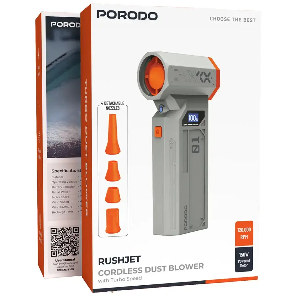 Porodo Rushjet Cordless Turbo Speed Dust Blower 5200 mAh,150W With 120000 RPM - Gold/Orange