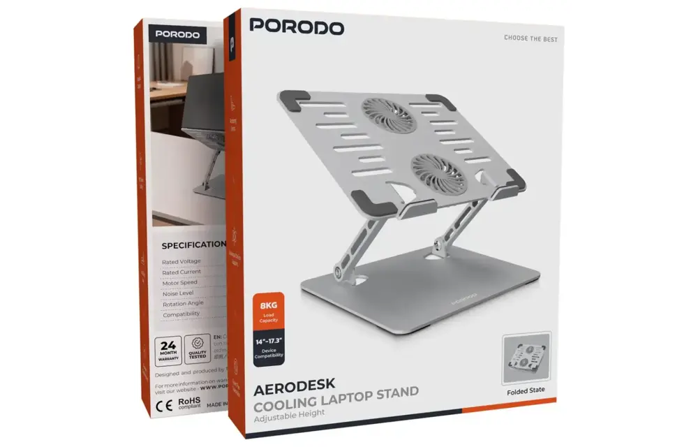 Porodo Aerodesk with Cooling Fan Laptop Stand Adjustable Height - Silver