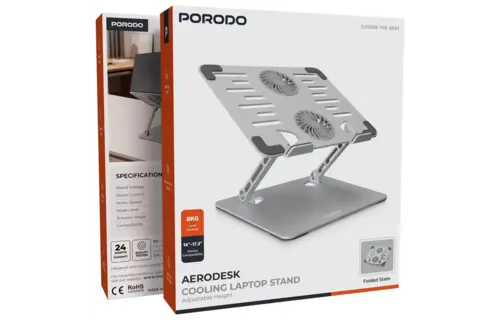 Porodo Aerodesk with Cooling Fan Laptop Stand Adjustable Height - Silver