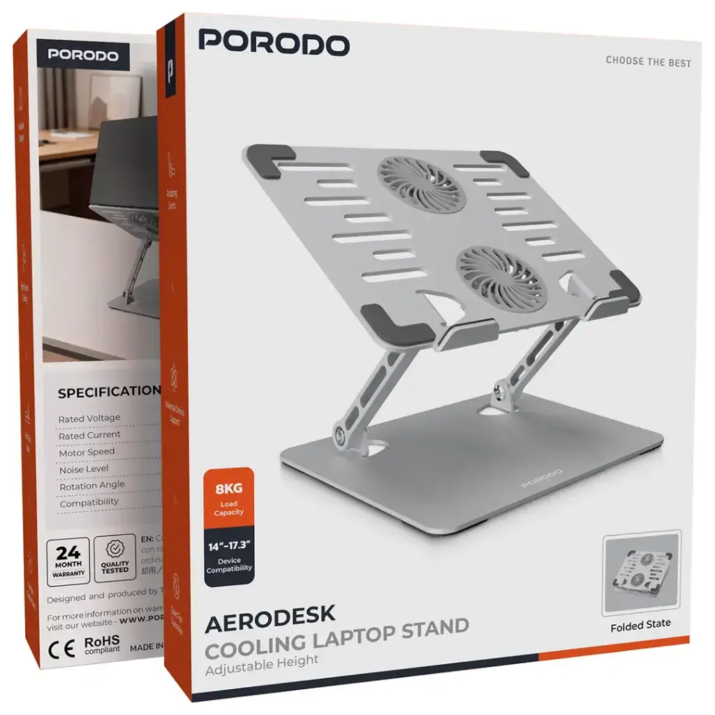 Porodo Aerodesk with Cooling Fan Laptop Stand Adjustable Height - Silver