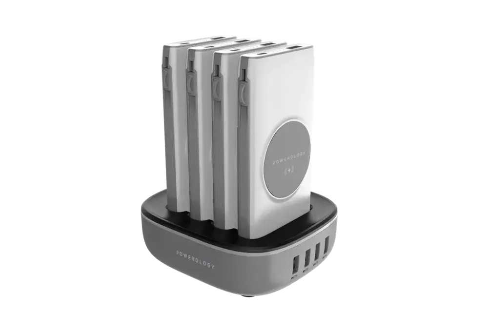 Powerology 4in1 Station 10000mAh 20W PD QC Wireless Power Bank Built-in Cable With Lightning And Type-C - White
