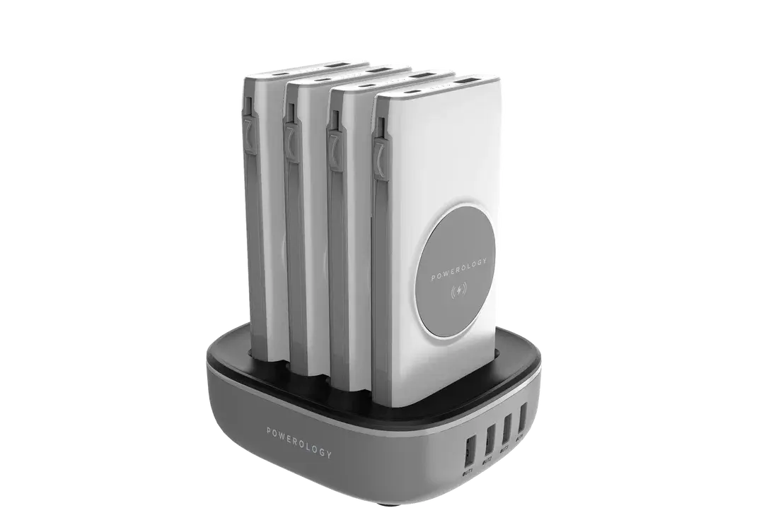 Powerology 4in1 Station 10000mAh 20W PD QC Wireless Power Bank Built-in Cable With Lightning And Type-C - White