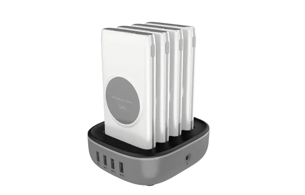 Powerology 4in1 Station 10000mAh 20W PD QC Wireless Power Bank Built-in Cable With Lightning And Type-C - White